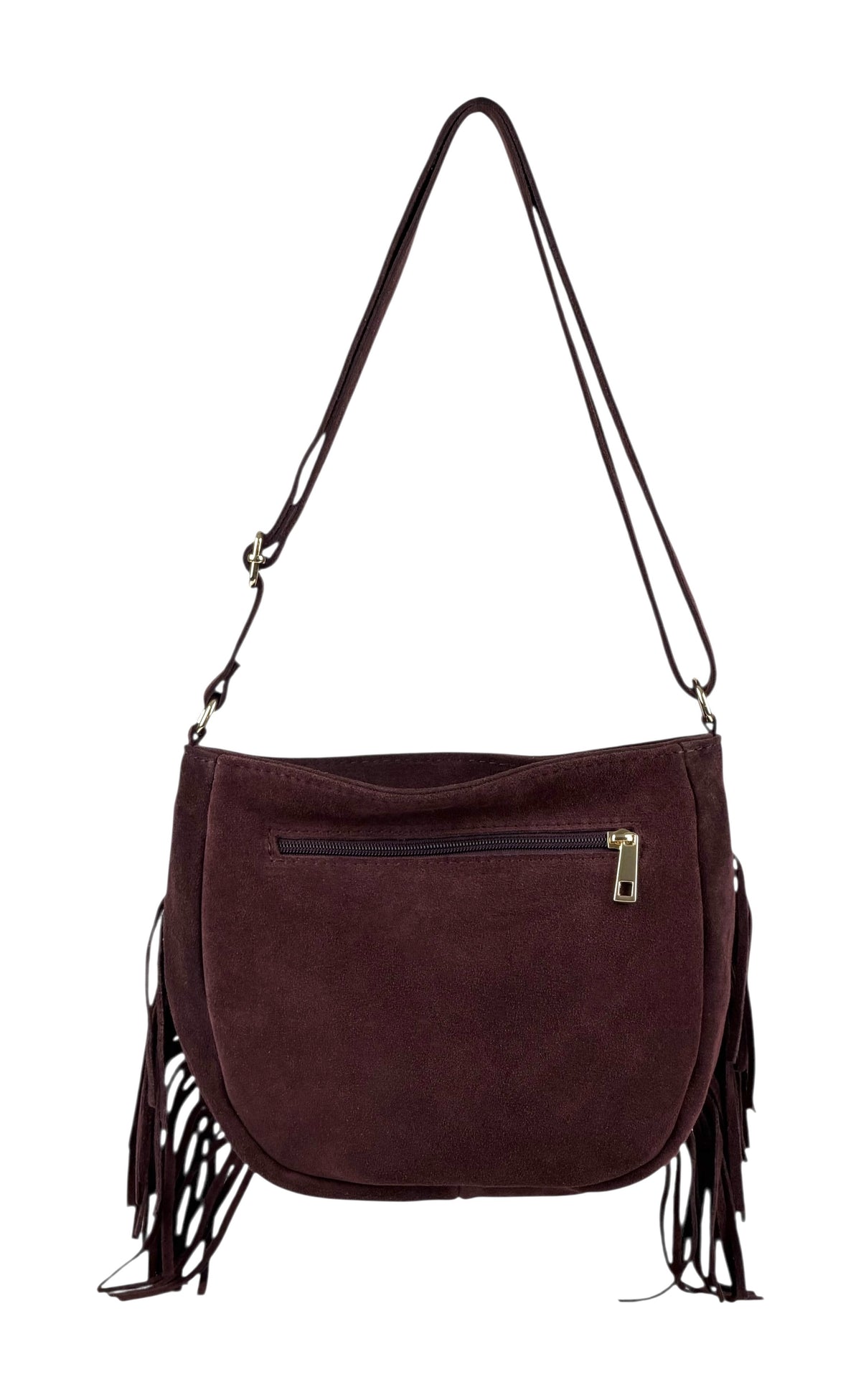 HE873 Burgundy Studded Fringe Suede Crossbody Bag