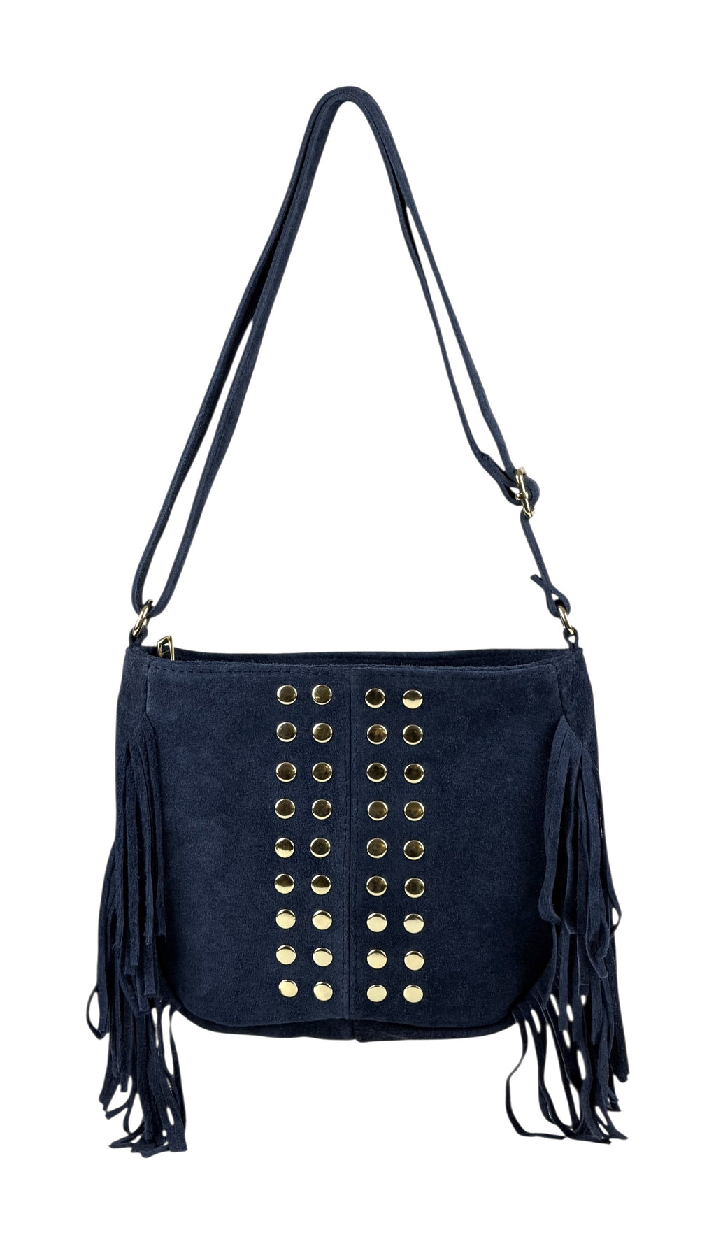 HE874 Navy Studded Fringe Suede Crossbody Bag