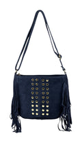 HE874 Navy Studded Fringe Suede Crossbody Bag