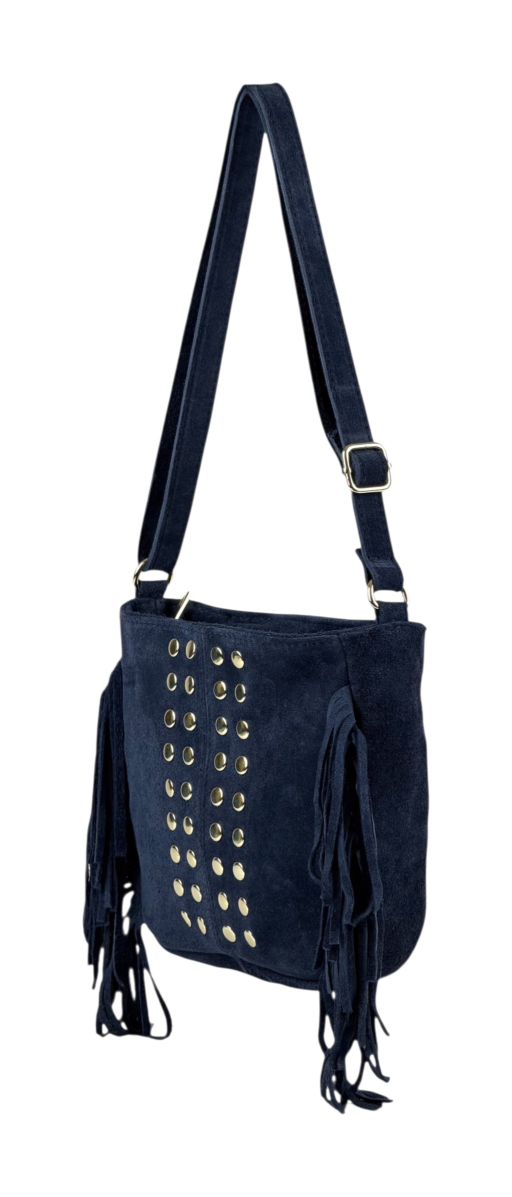 HE874 Navy Studded Fringe Suede Crossbody Bag