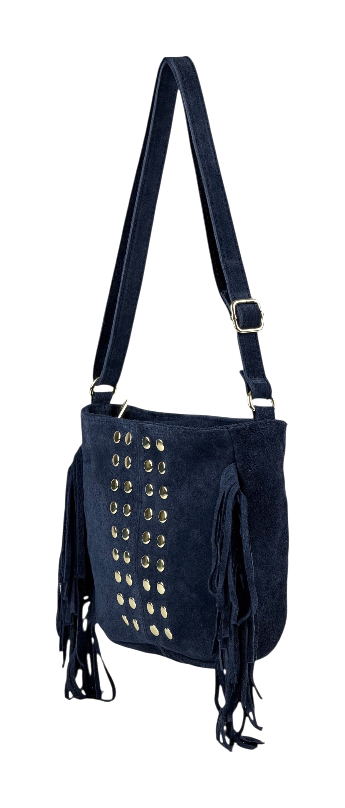 HE874 Navy Studded Fringe Suede Crossbody Bag