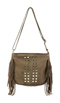 HE876 Taupe Studded Fringe Suede Crossbody Bag