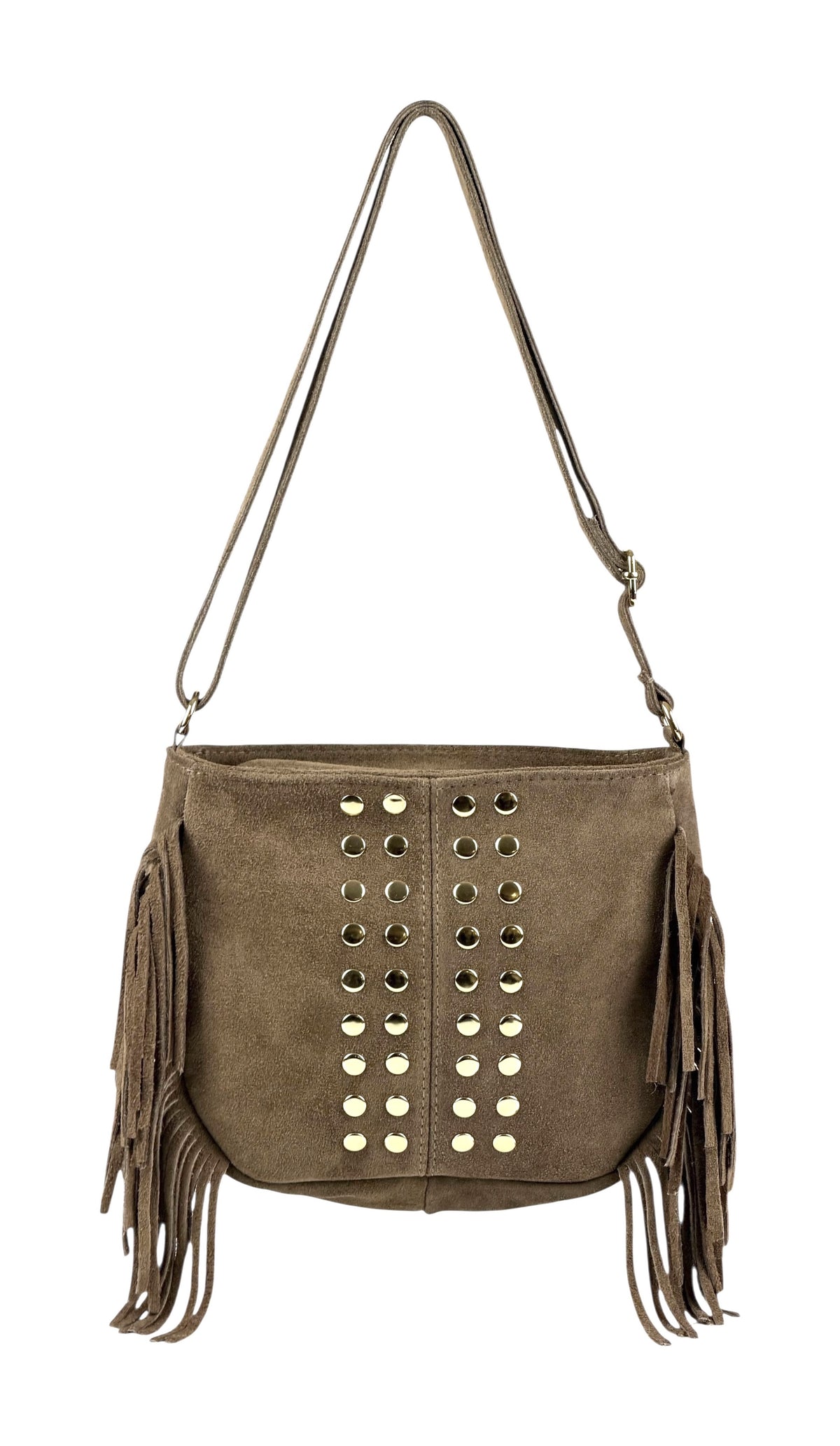 HE876 Taupe Studded Fringe Suede Crossbody Bag