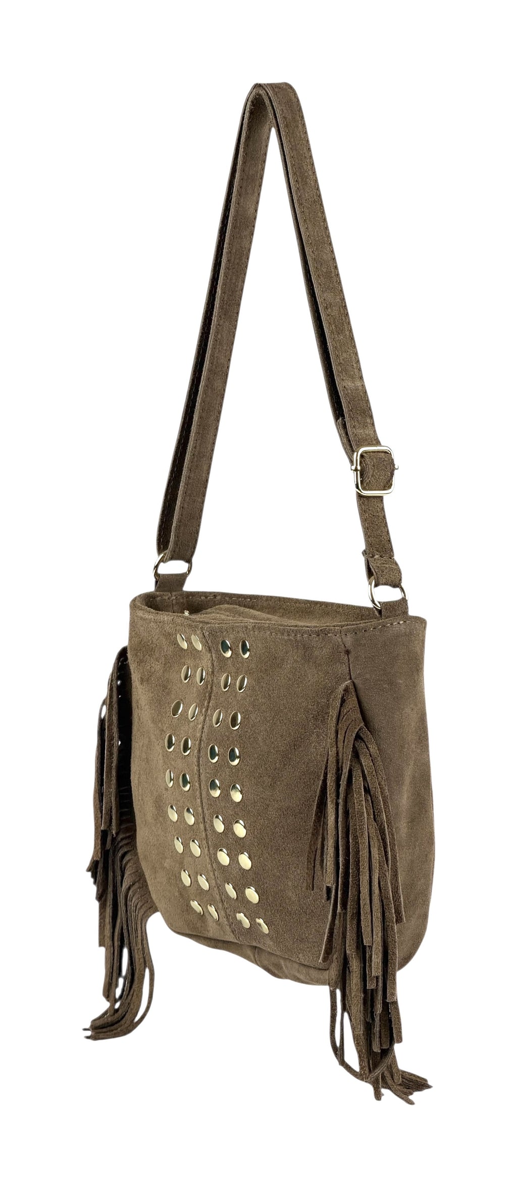 HE876 Taupe Studded Fringe Suede Crossbody Bag