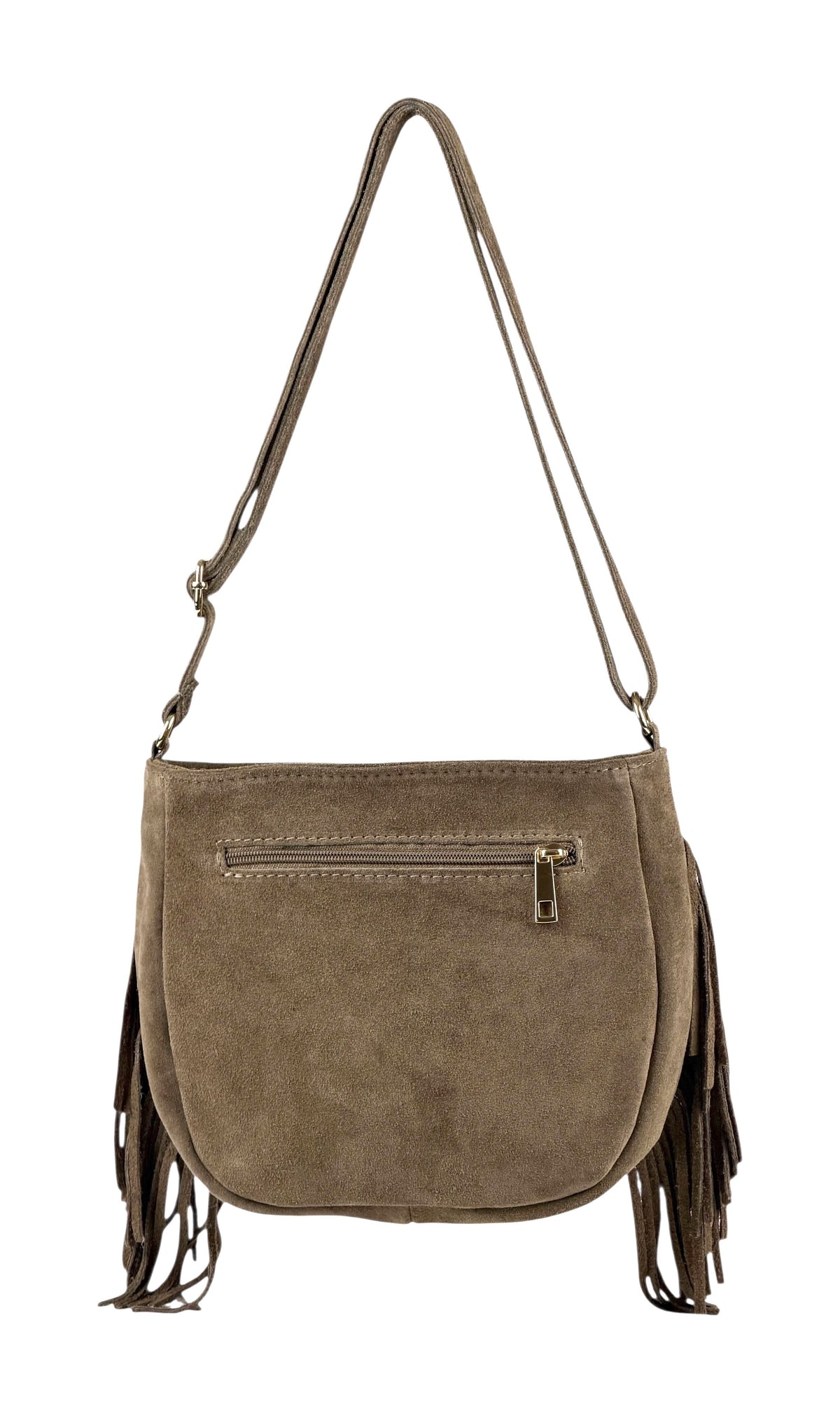HE876 Taupe Studded Fringe Suede Crossbody Bag
