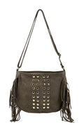 HE877 Dark Taupe Studded Fringe Suede Crossbody Bag