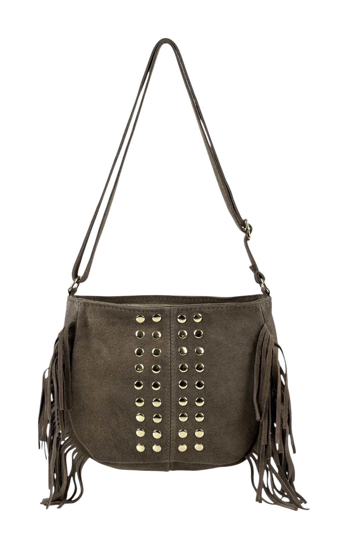 HE877 Dark Taupe Studded Fringe Suede Crossbody Bag
