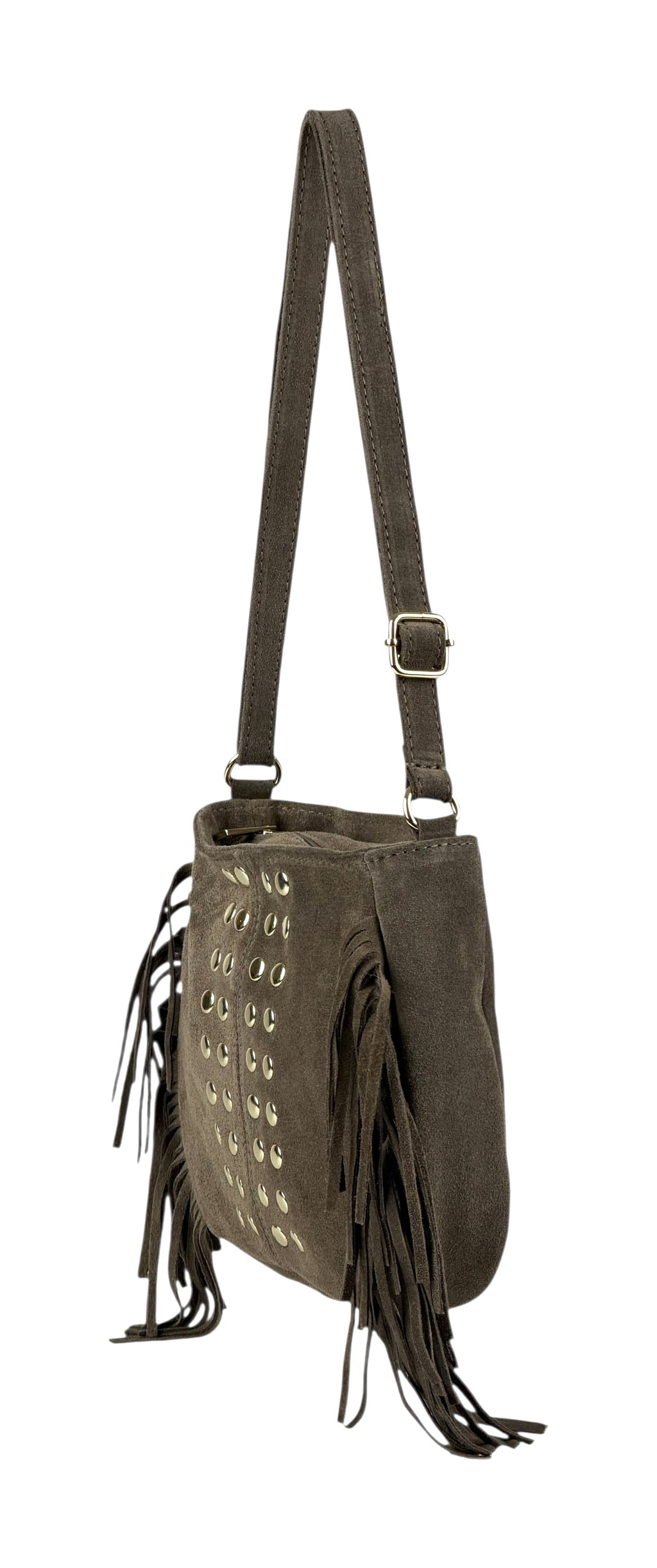 HE877 Dark Taupe Studded Fringe Suede Crossbody Bag