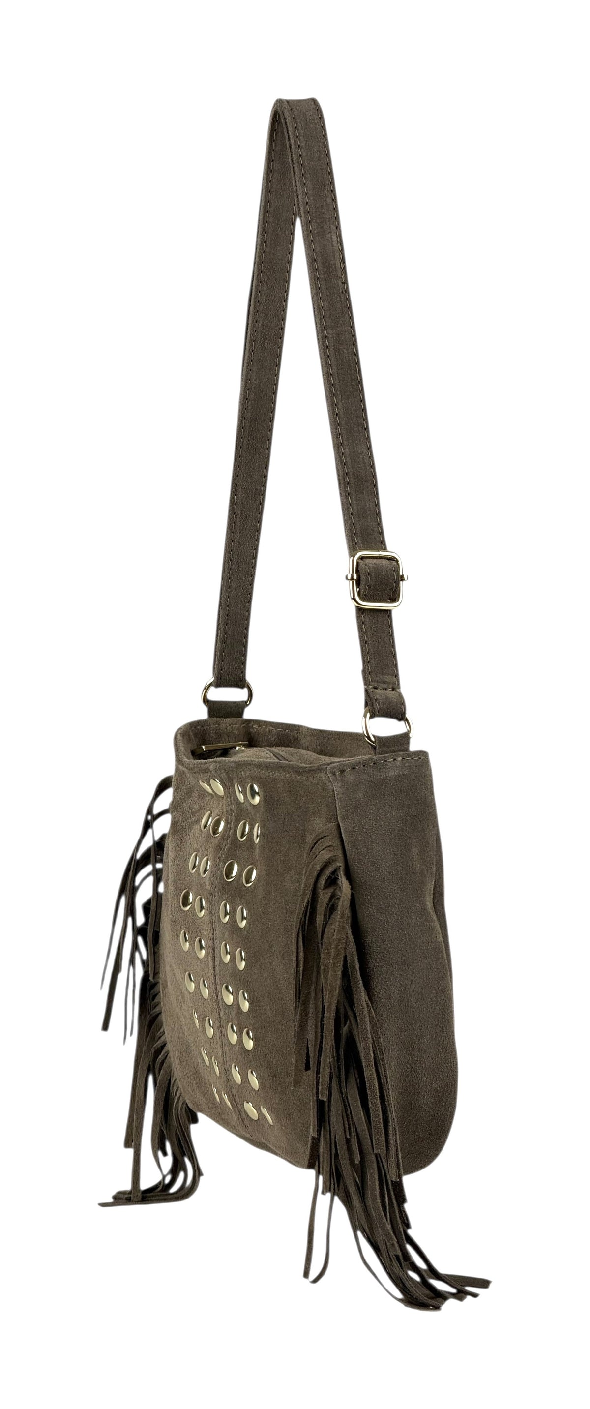 HE877 Dark Taupe Studded Fringe Suede Crossbody Bag