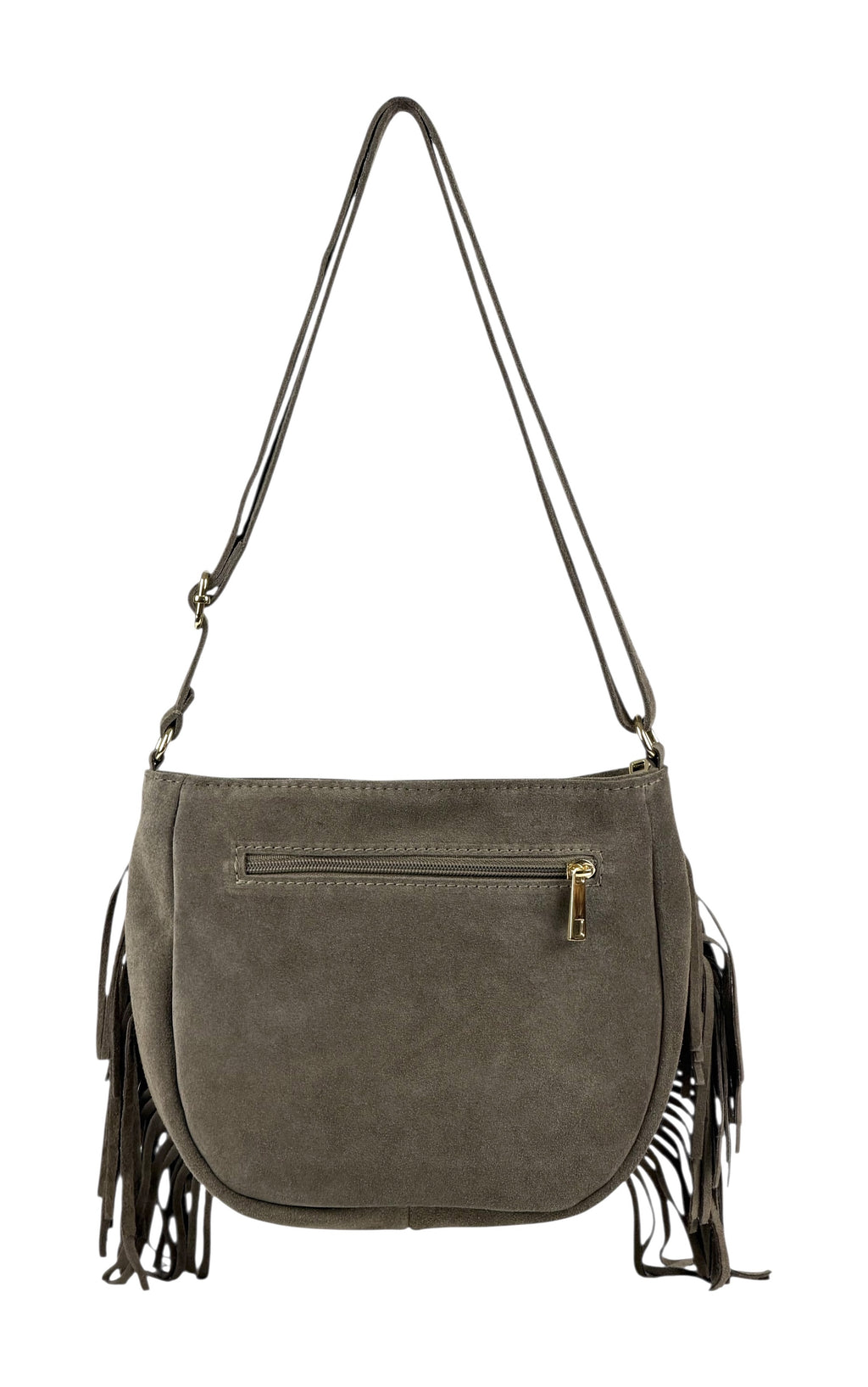 HE877 Dark Taupe Studded Fringe Suede Crossbody Bag