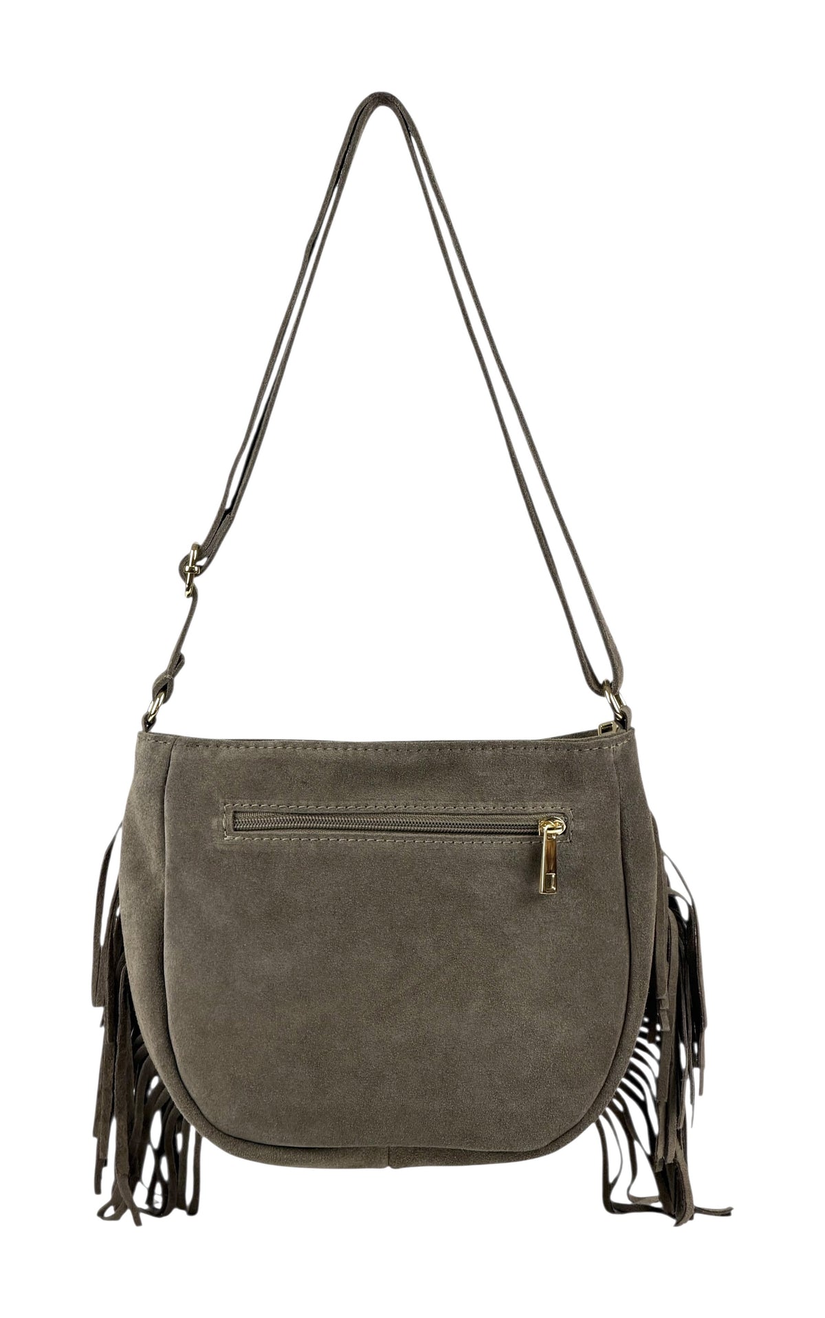 HE877 Dark Taupe Studded Fringe Suede Crossbody Bag
