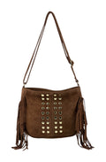 HE878 Dark Tan Studded Fringe Suede Crossbody Bag