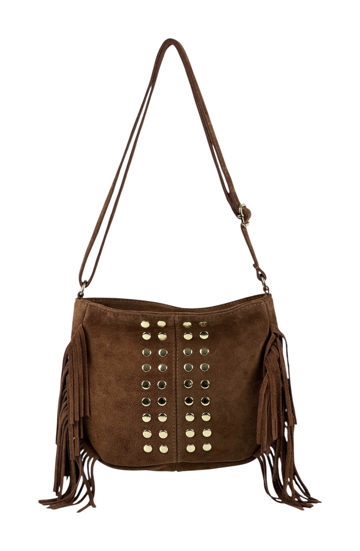 HE878 Dark Tan Studded Fringe Suede Crossbody Bag
