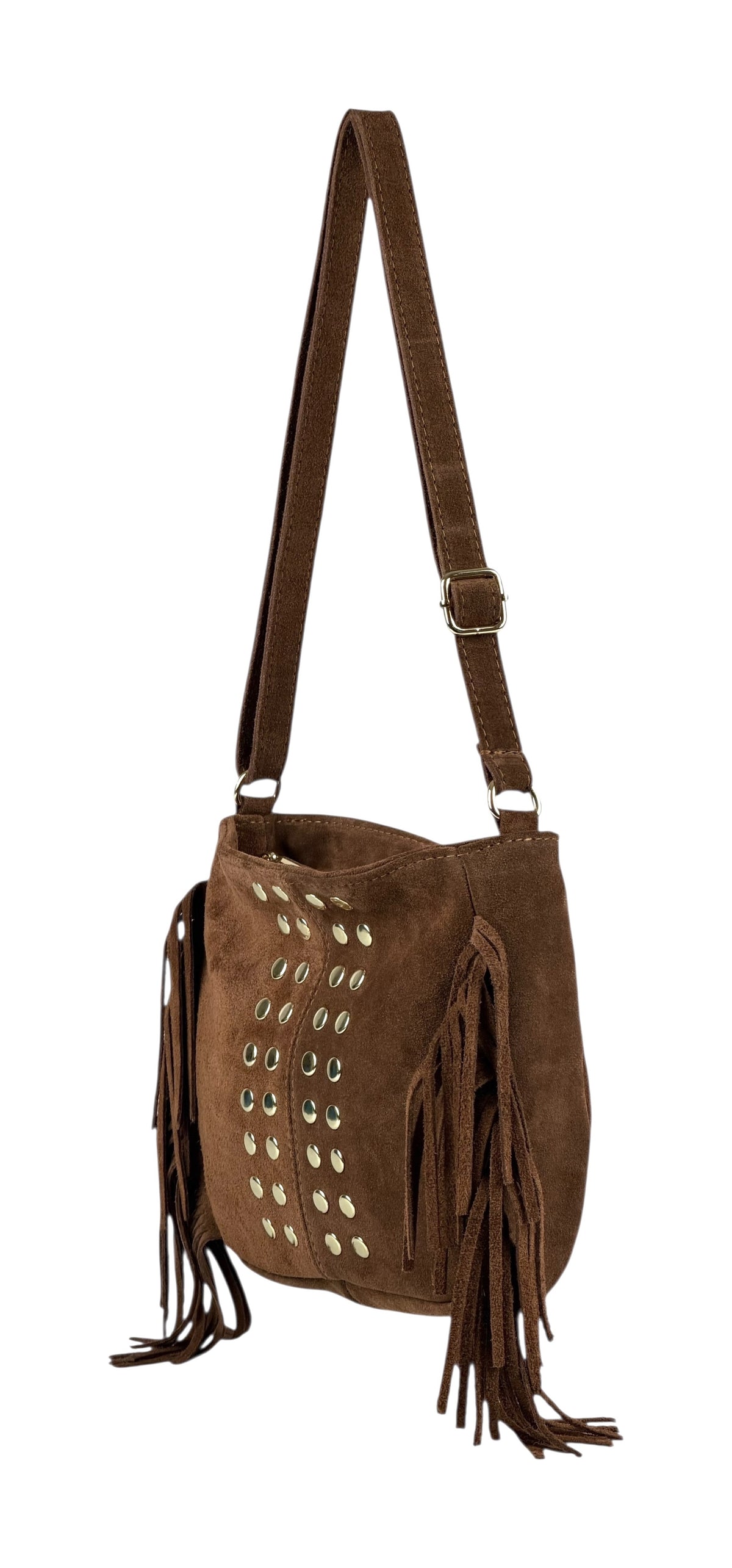 HE878 Dark Tan Studded Fringe Suede Crossbody Bag