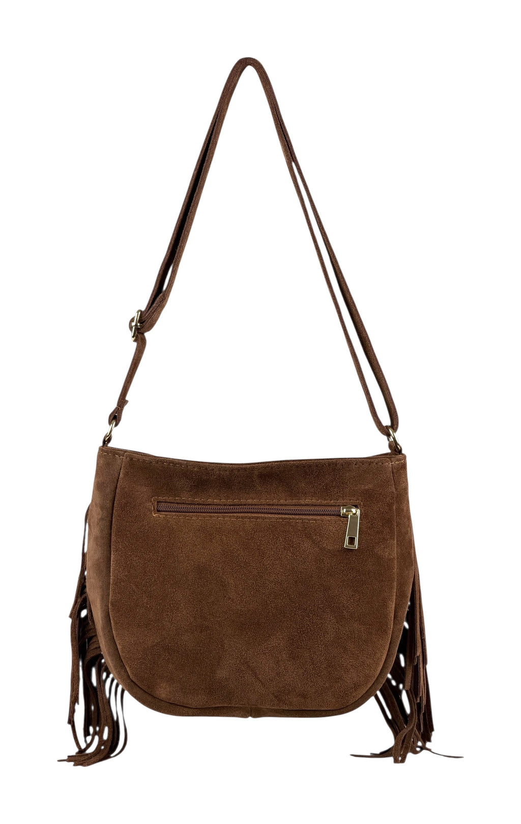HE878 Dark Tan Studded Fringe Suede Crossbody Bag