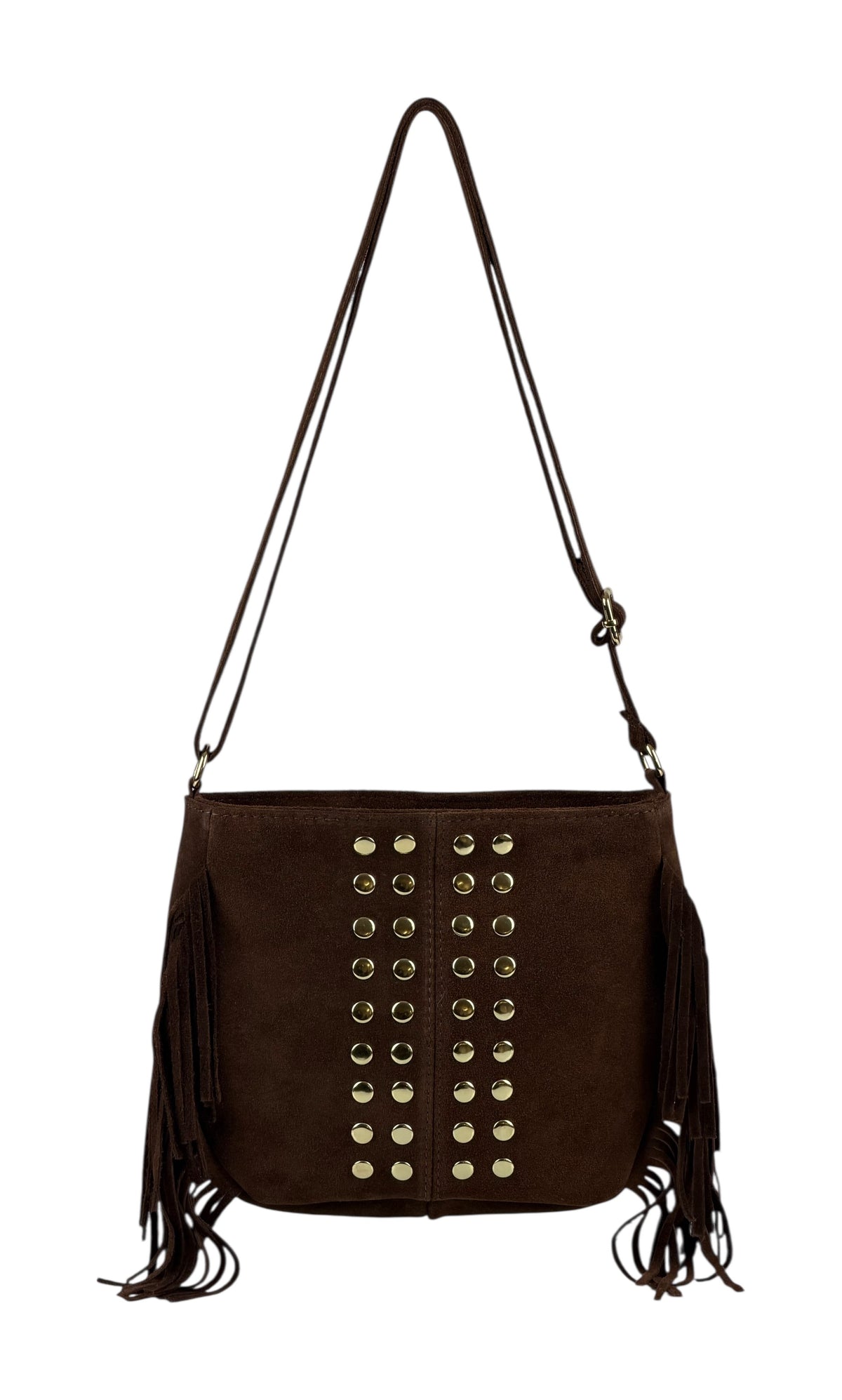 HE879 Brown Studded Fringe Suede Crossbody Bag
