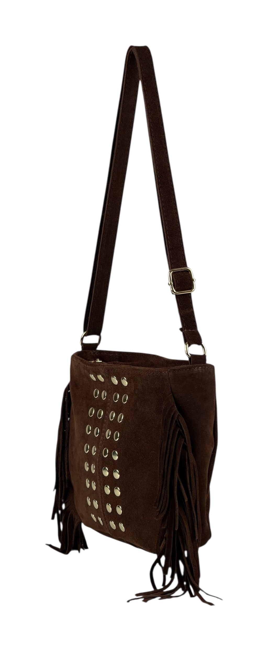 HE879 Brown Studded Fringe Suede Crossbody Bag