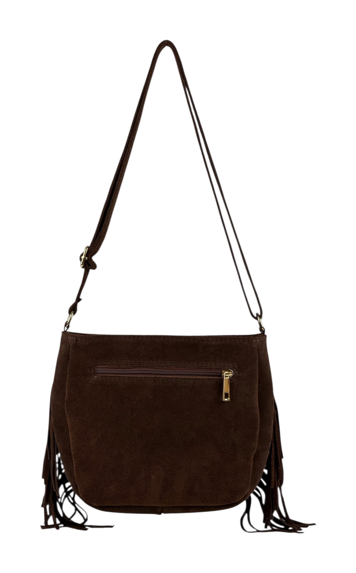 HE879 Brown Studded Fringe Suede Crossbody Bag