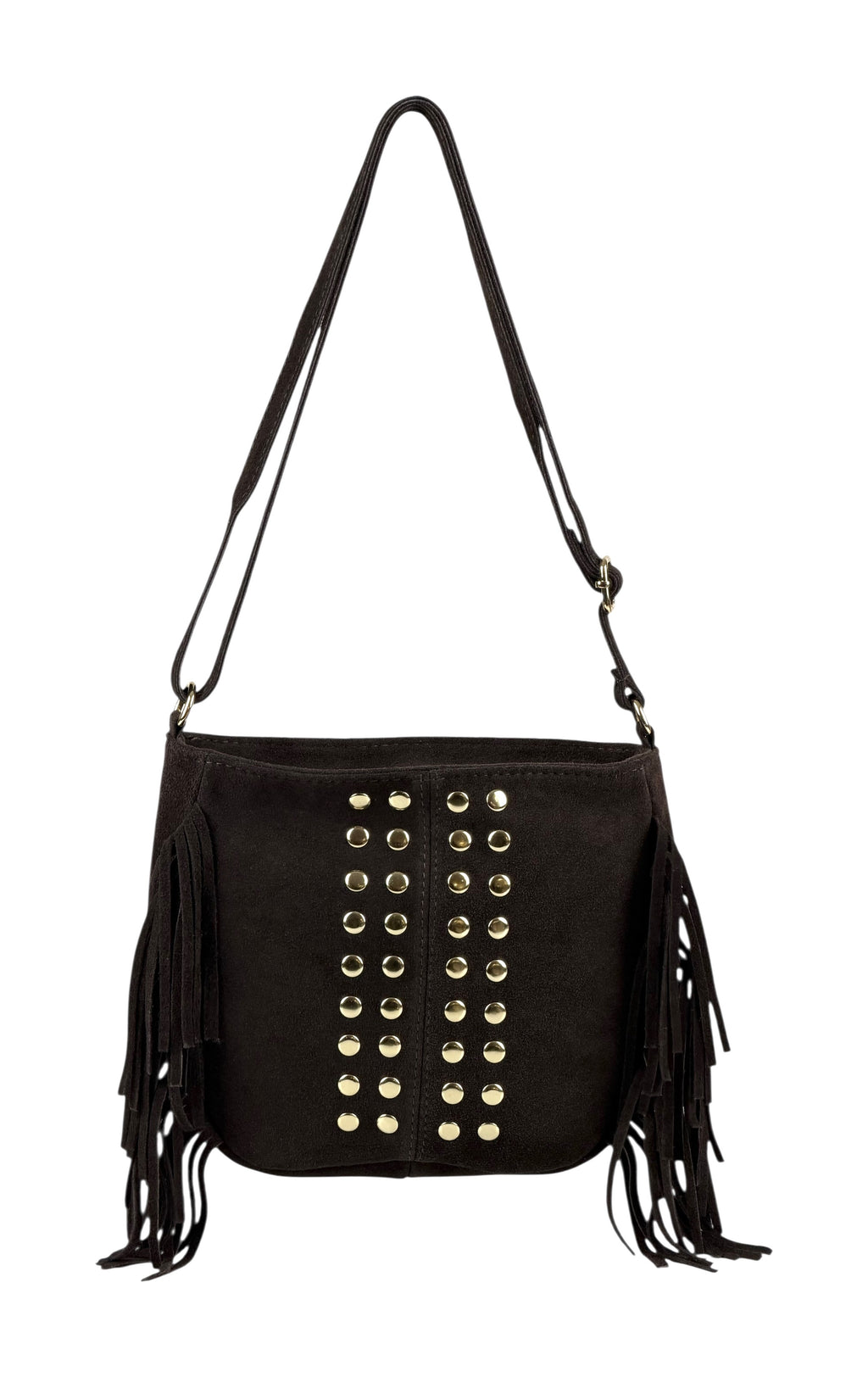 HE880 Dark Brown Studded Fringe Suede Crossbody Bag