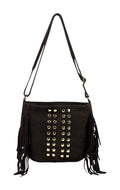 HE880 Dark Brown Studded Fringe Suede Crossbody Bag