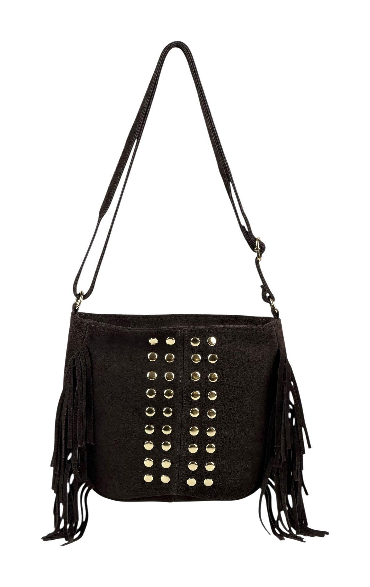 HE880 Dark Brown Studded Fringe Suede Crossbody Bag