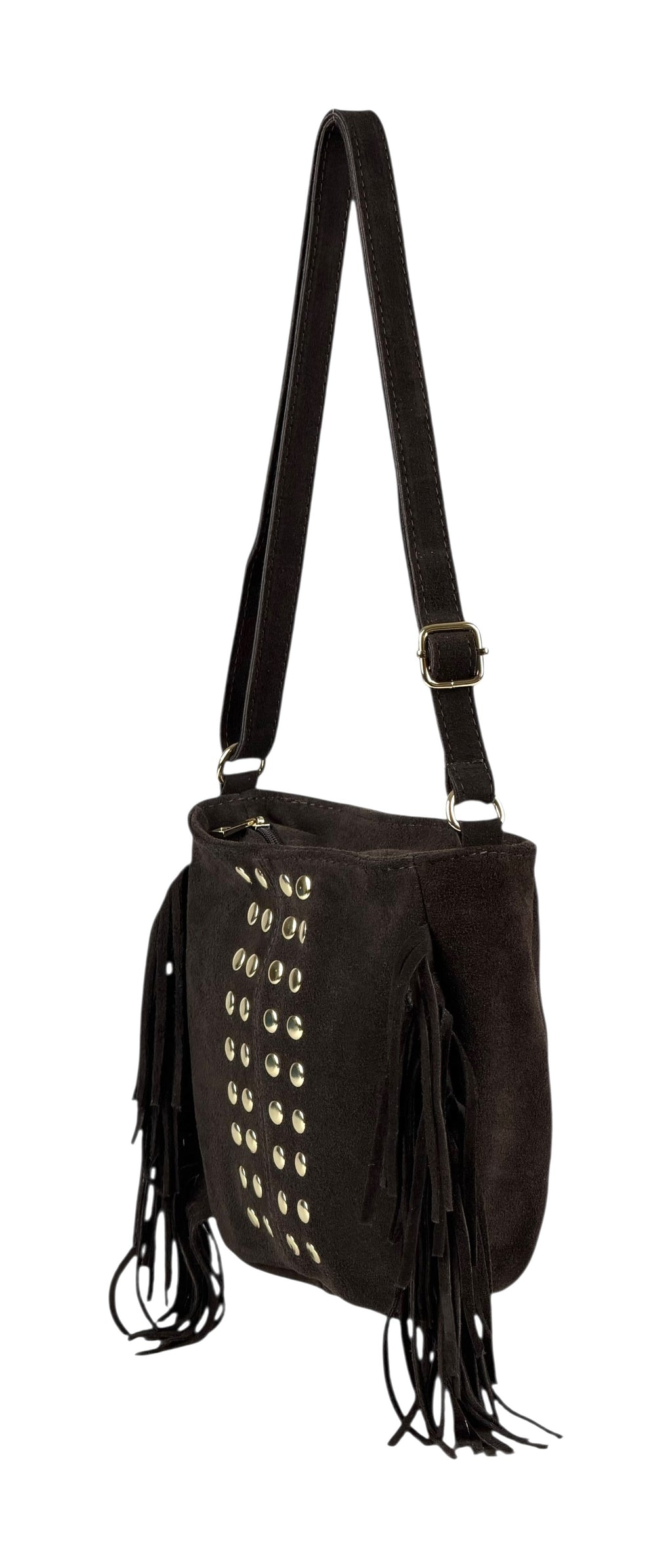 HE880 Dark Brown Studded Fringe Suede Crossbody Bag