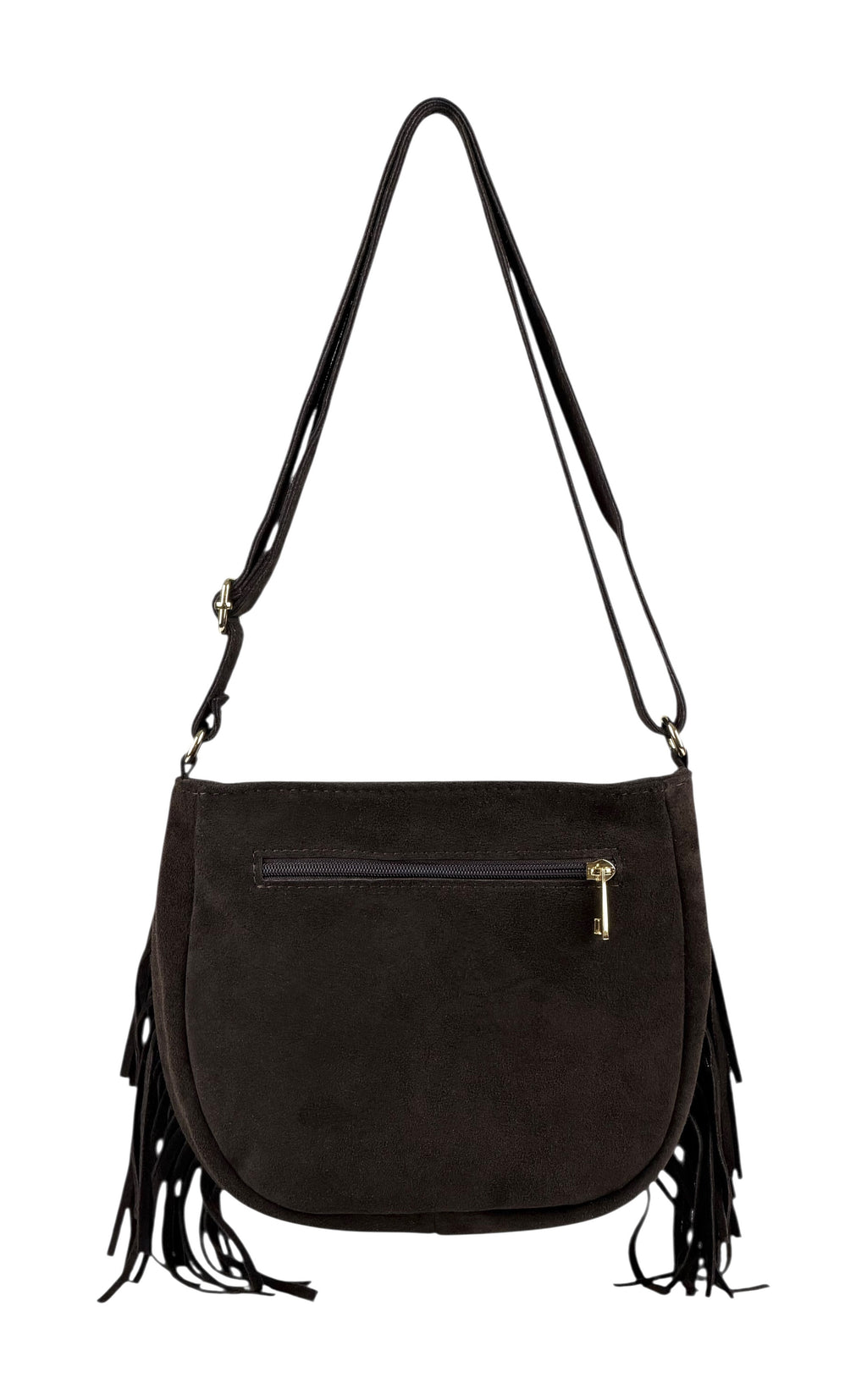 HE880 Dark Brown Studded Fringe Suede Crossbody Bag
