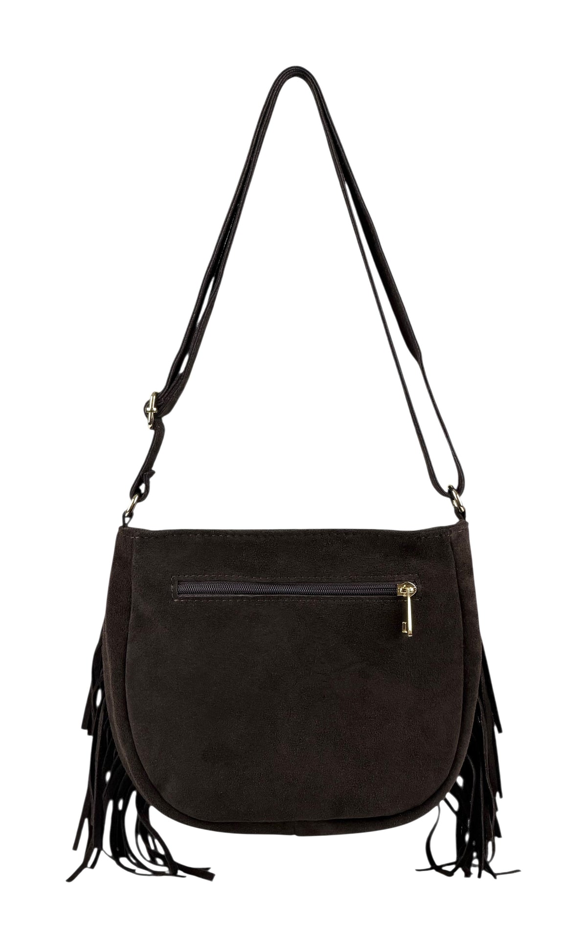 HE880 Dark Brown Studded Fringe Suede Crossbody Bag