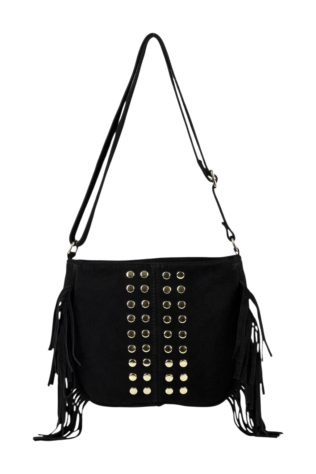 HE881 Black Studded Fringe Suede Crossbody Bag