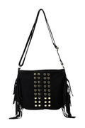 HE881 Black Studded Fringe Suede Crossbody Bag