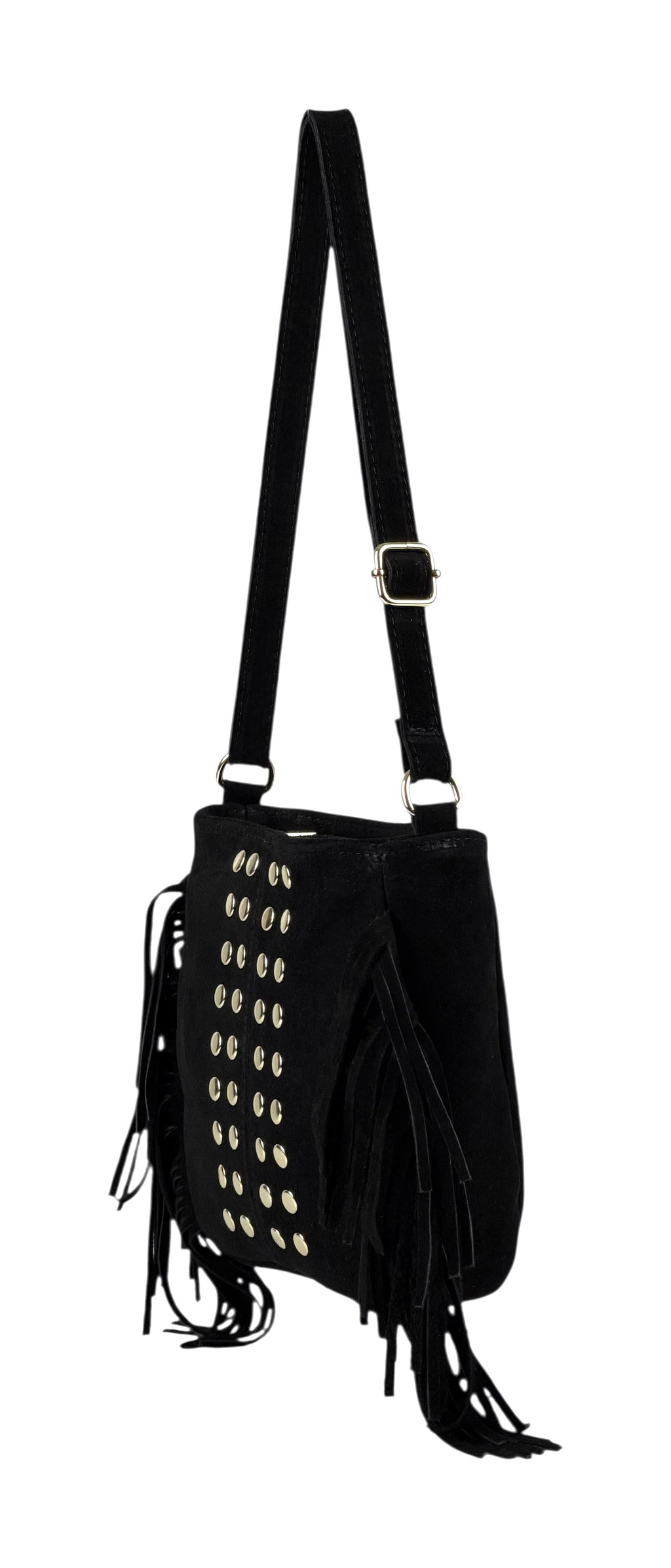 HE881 Black Studded Fringe Suede Crossbody Bag