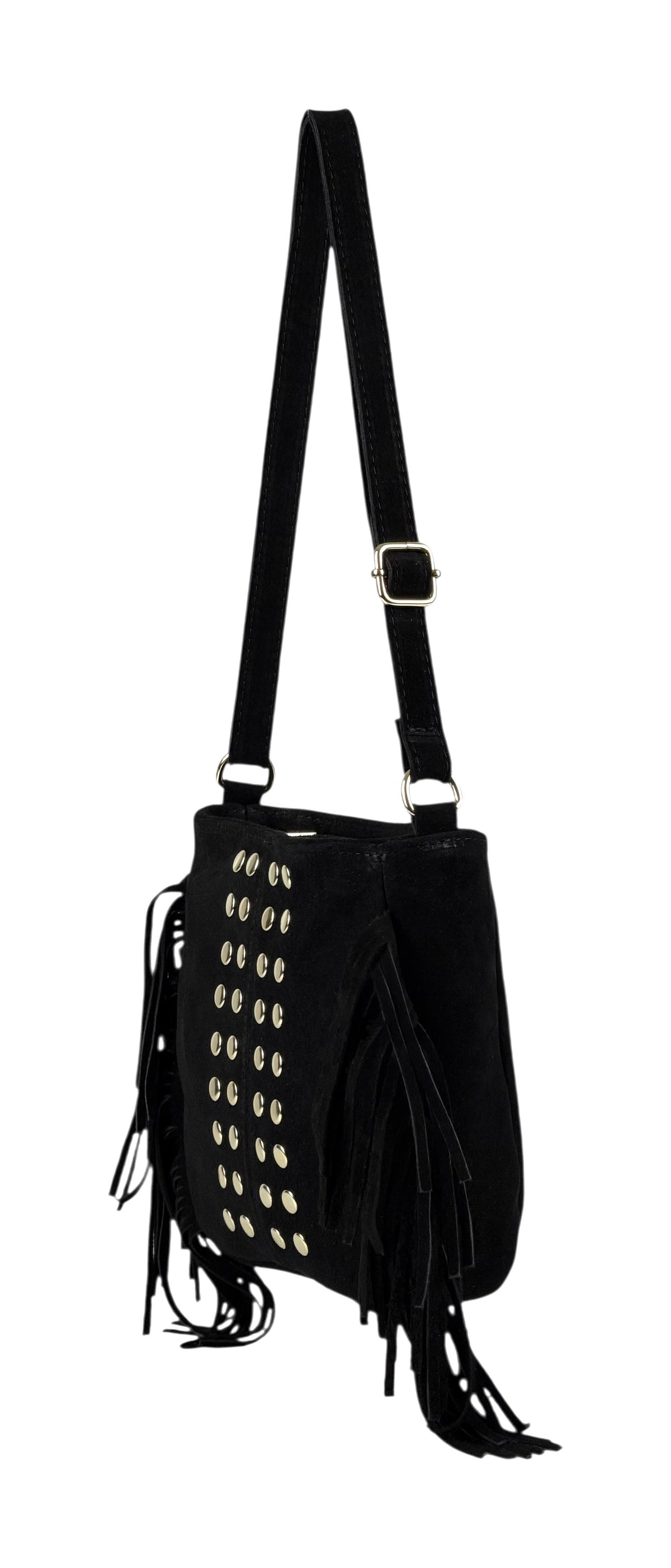 HE881 Black Studded Fringe Suede Crossbody Bag
