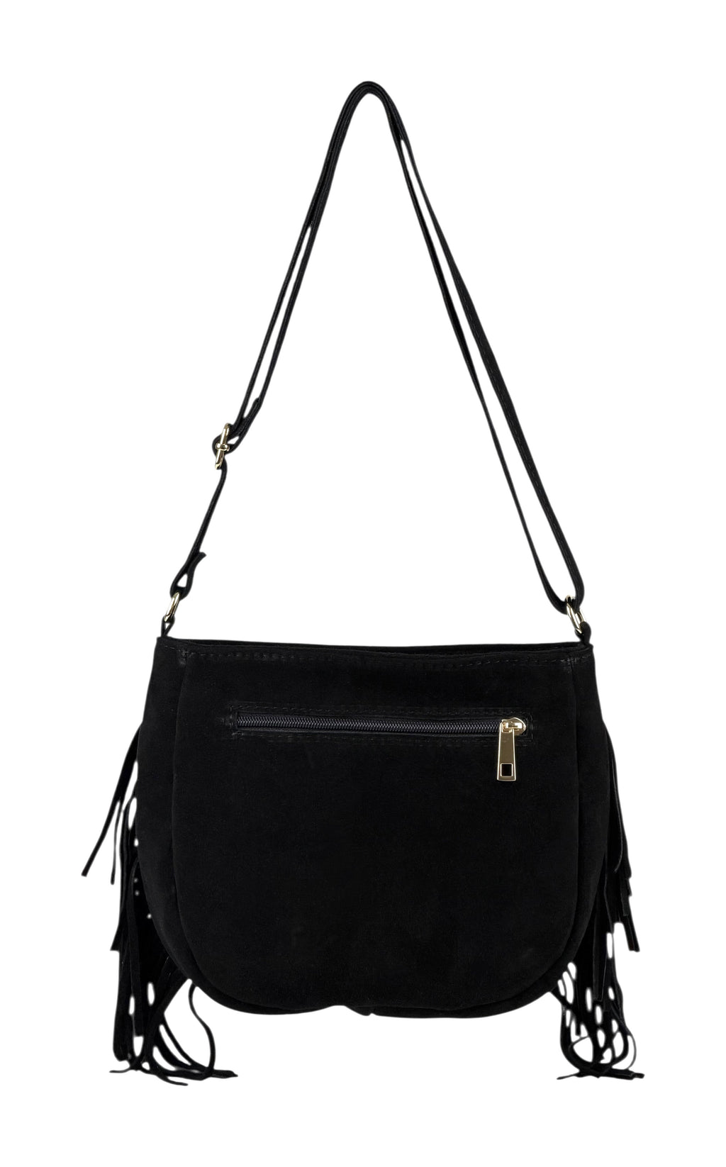 HE881 Black Studded Fringe Suede Crossbody Bag