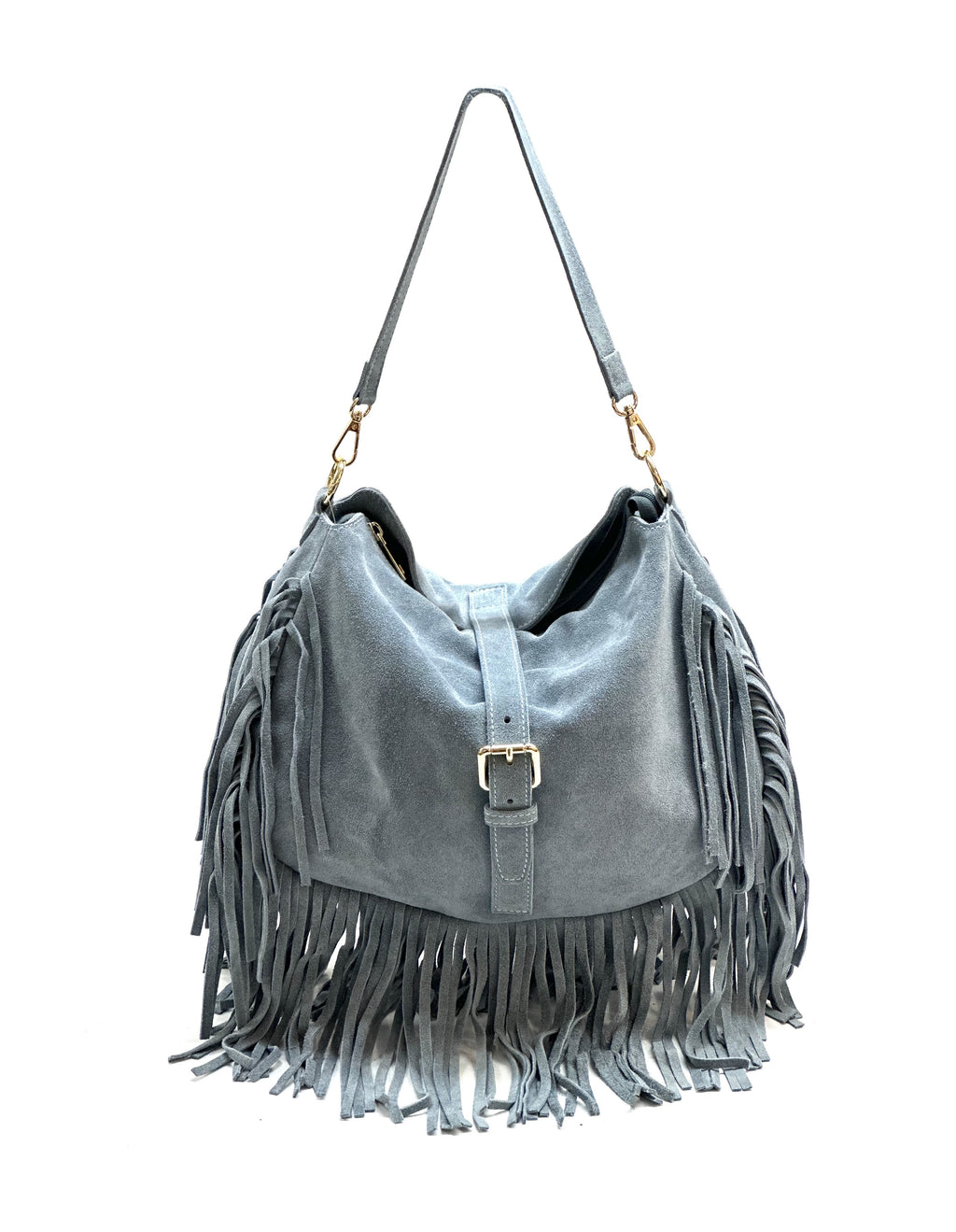 HE882 Powder Blue Fringe Suede Shoulder Bag