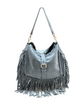 HE882 Powder Blue Fringe Suede Shoulder Bag