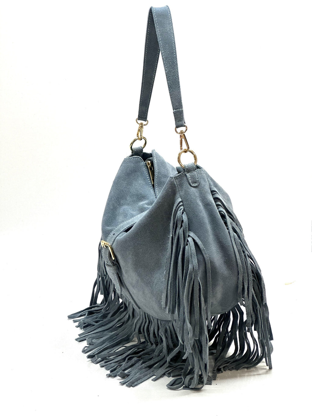 HE882 Powder Blue Fringe Suede Shoulder Bag