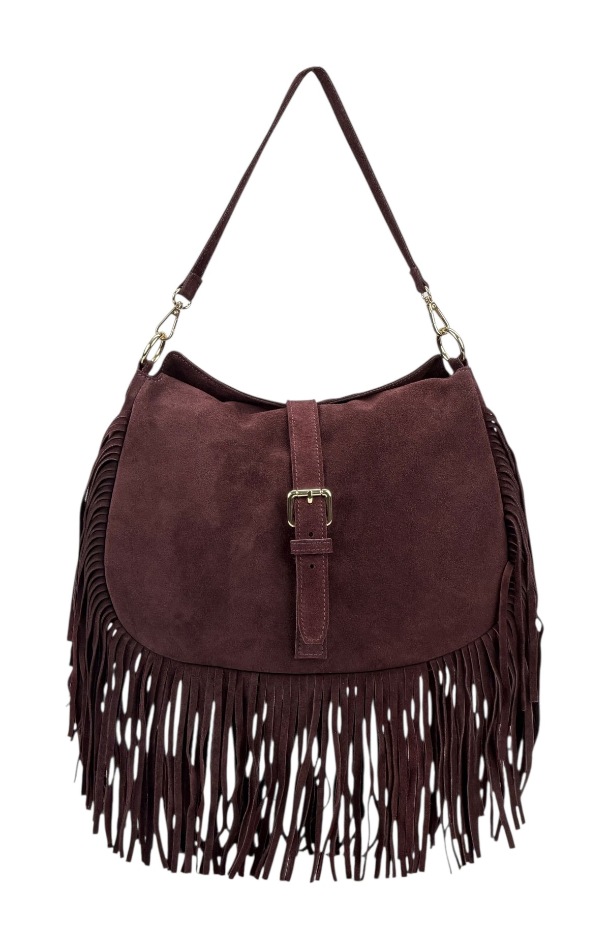 HE883 Burgundy Fringe Suede Shoulder Bag