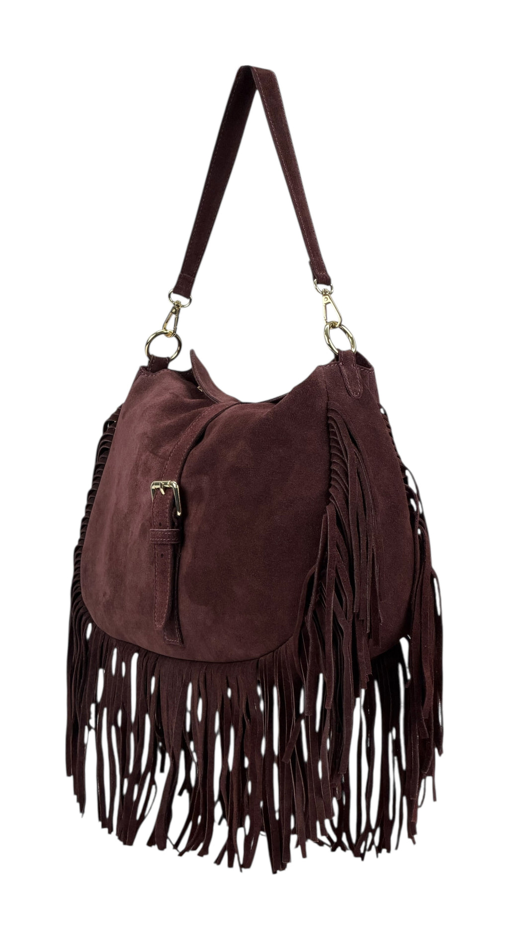 HE883 Burgundy Fringe Suede Shoulder Bag