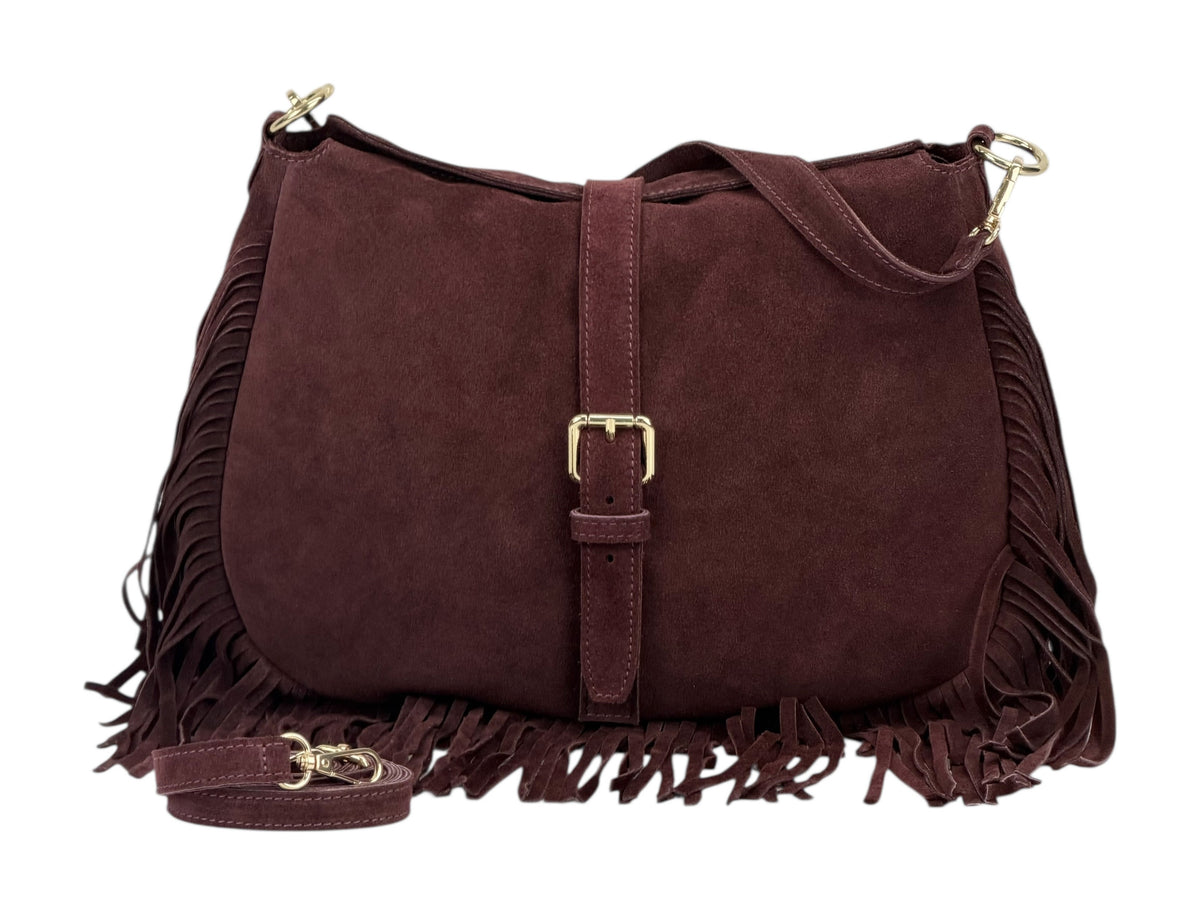 HE883 Burgundy Fringe Suede Shoulder Bag