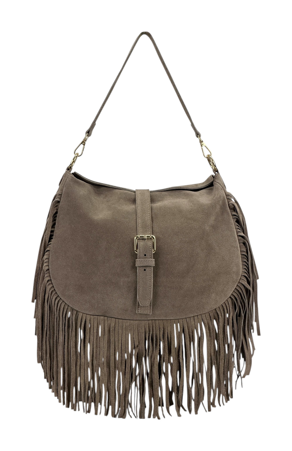 HE885 Dark Taupe Fringe Suede Shoulder Bag