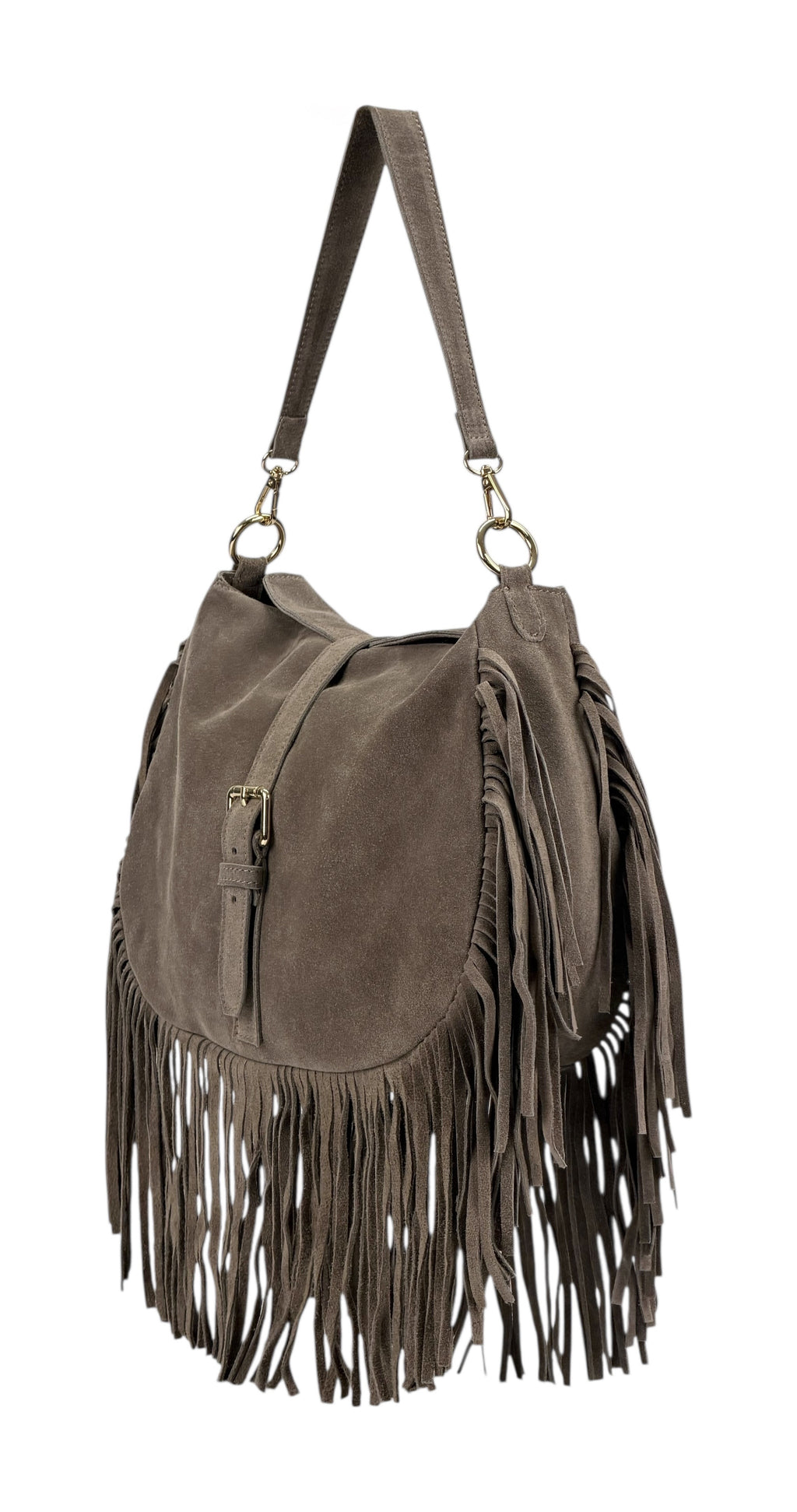 HE885 Dark Taupe Fringe Suede Shoulder Bag