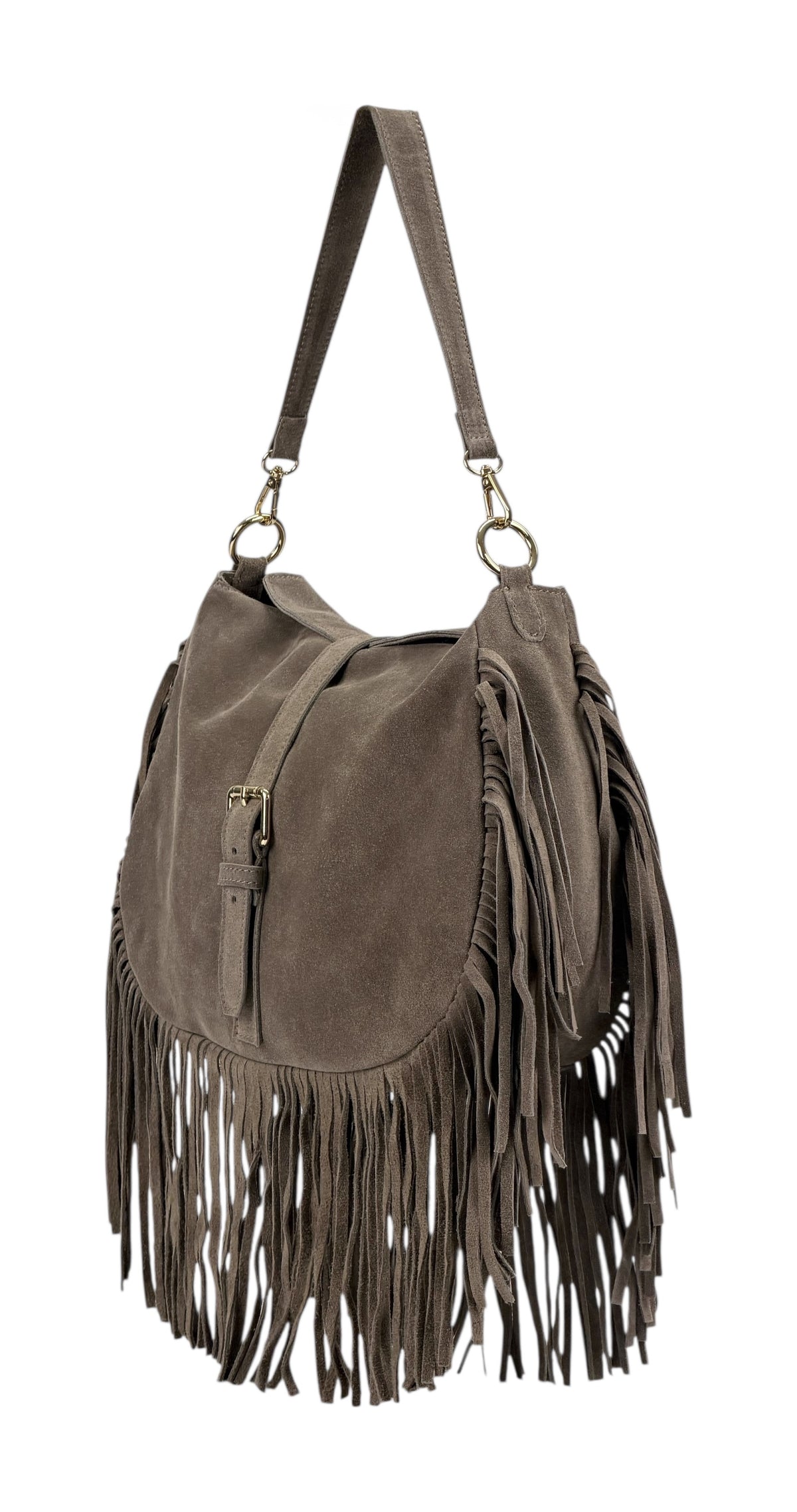 HE885 Dark Taupe Fringe Suede Shoulder Bag