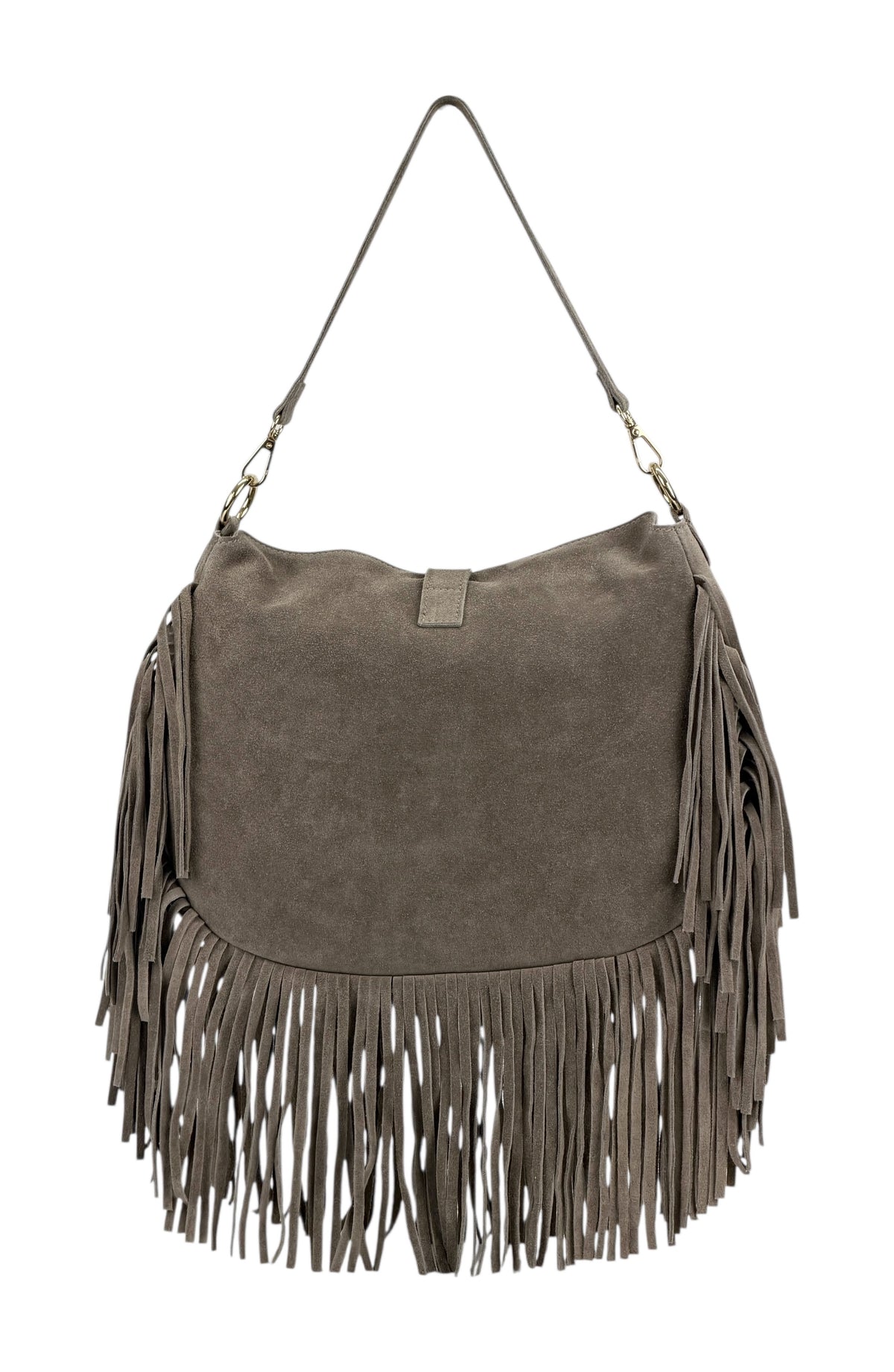 HE885 Dark Taupe Fringe Suede Shoulder Bag