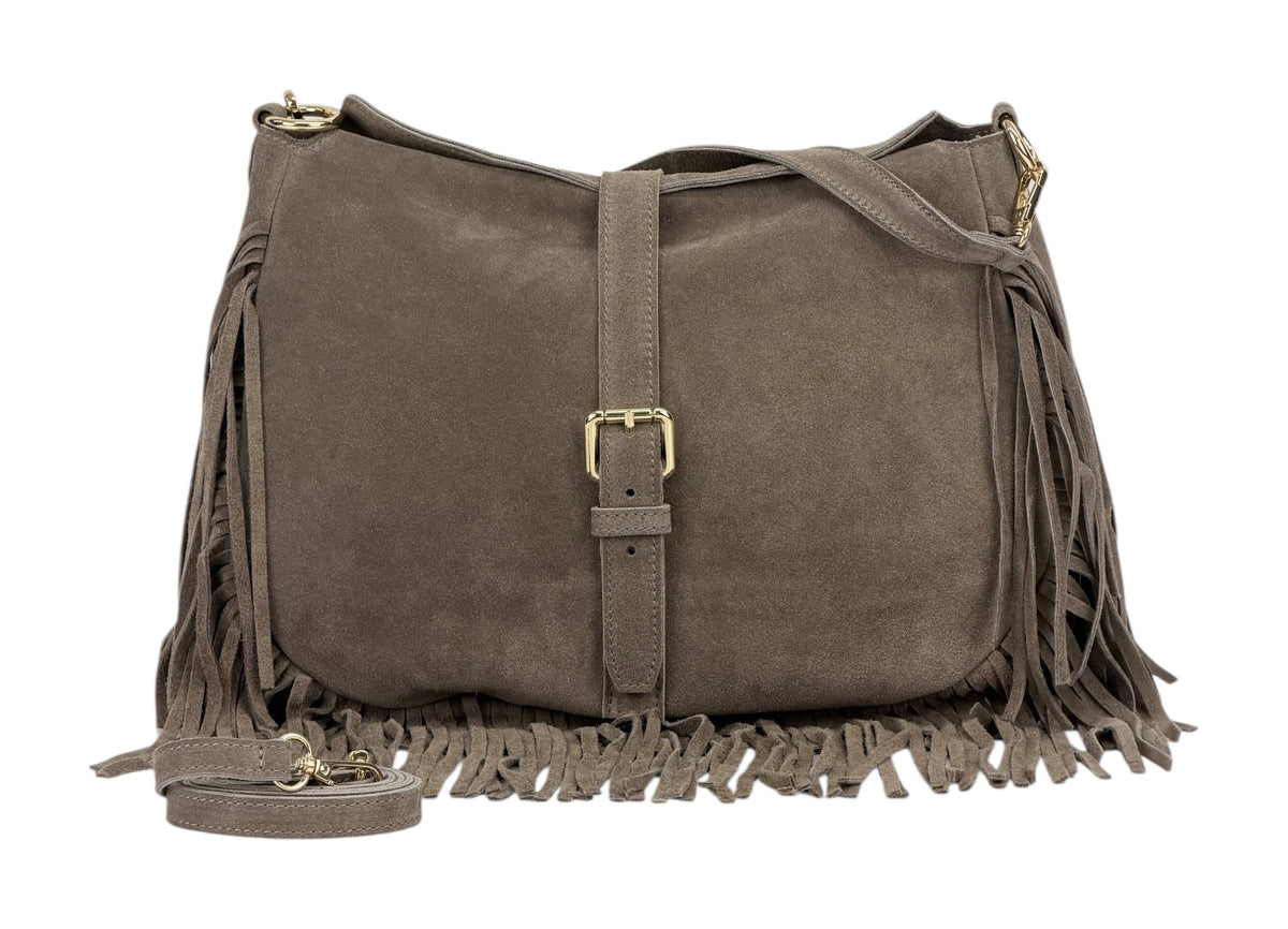 HE885 Dark Taupe Fringe Suede Shoulder Bag