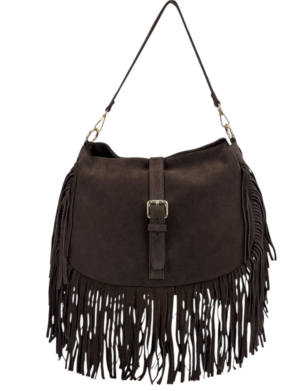 HE886 Dark Brown Fringe Suede Shoulder Bag