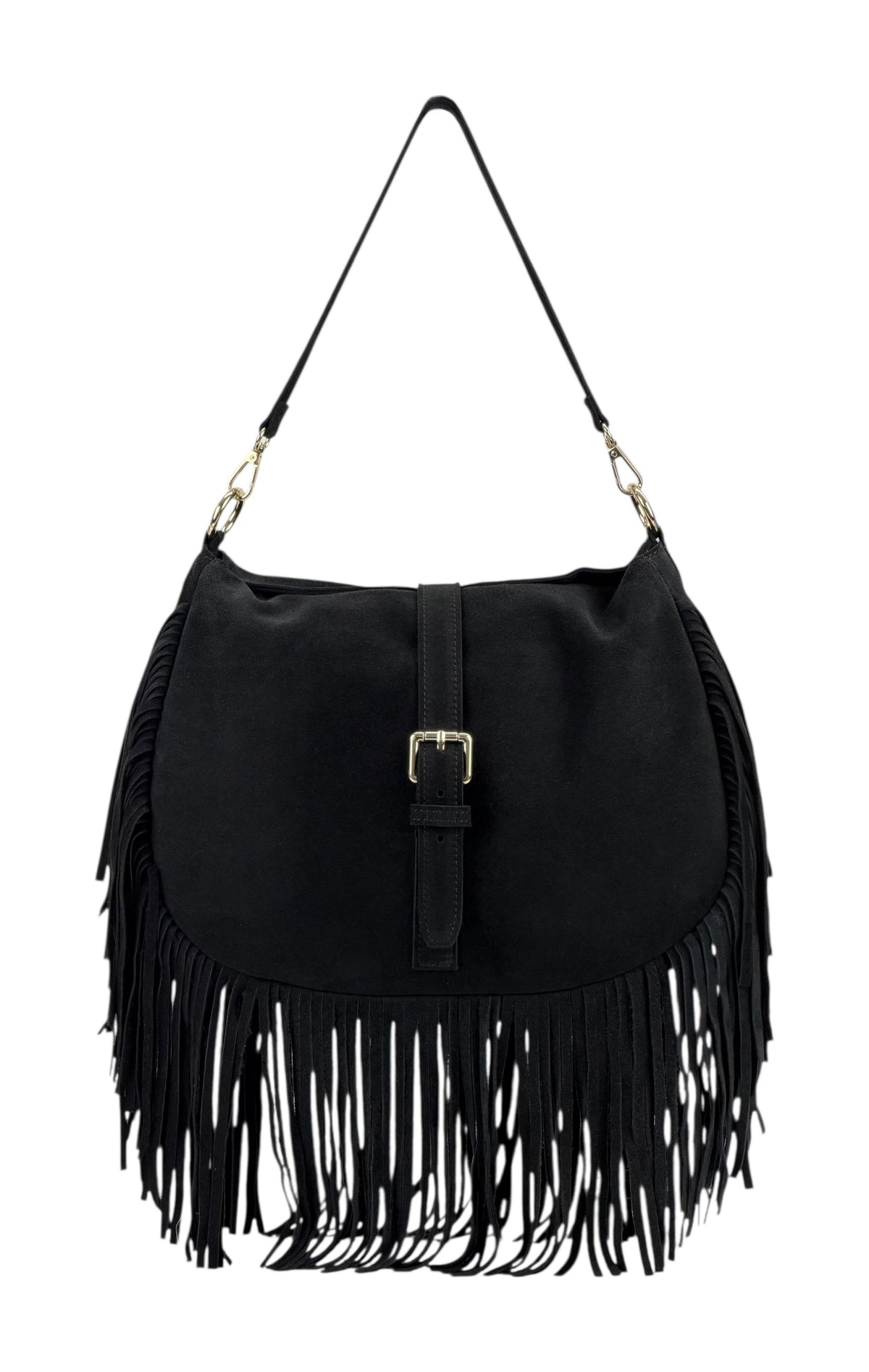 HE887 Black Fringe Suede Shoulder Bag