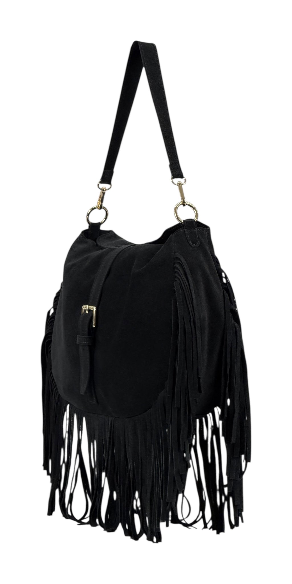 HE887 Black Fringe Suede Shoulder Bag