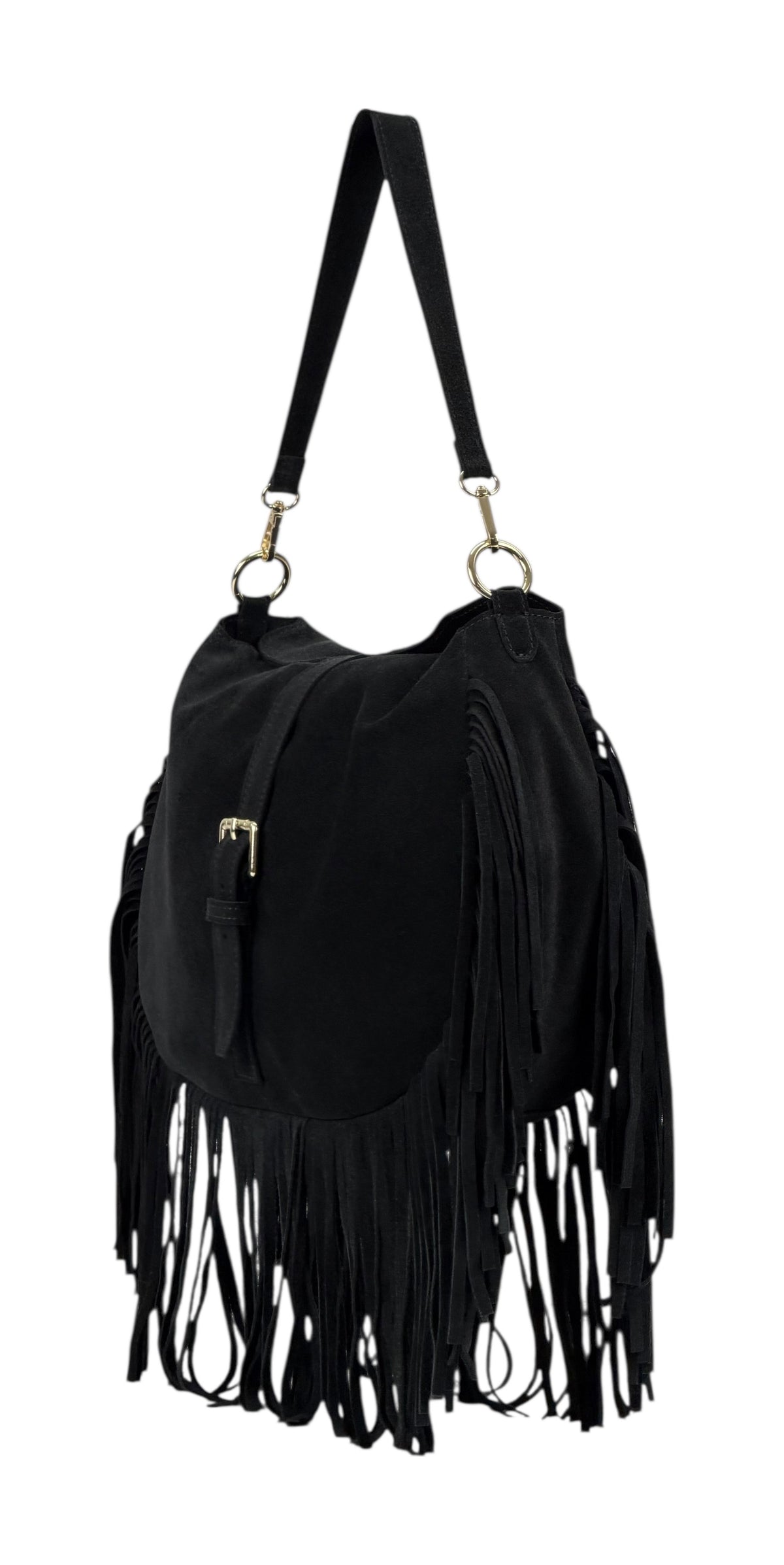 HE887 Black Fringe Suede Shoulder Bag