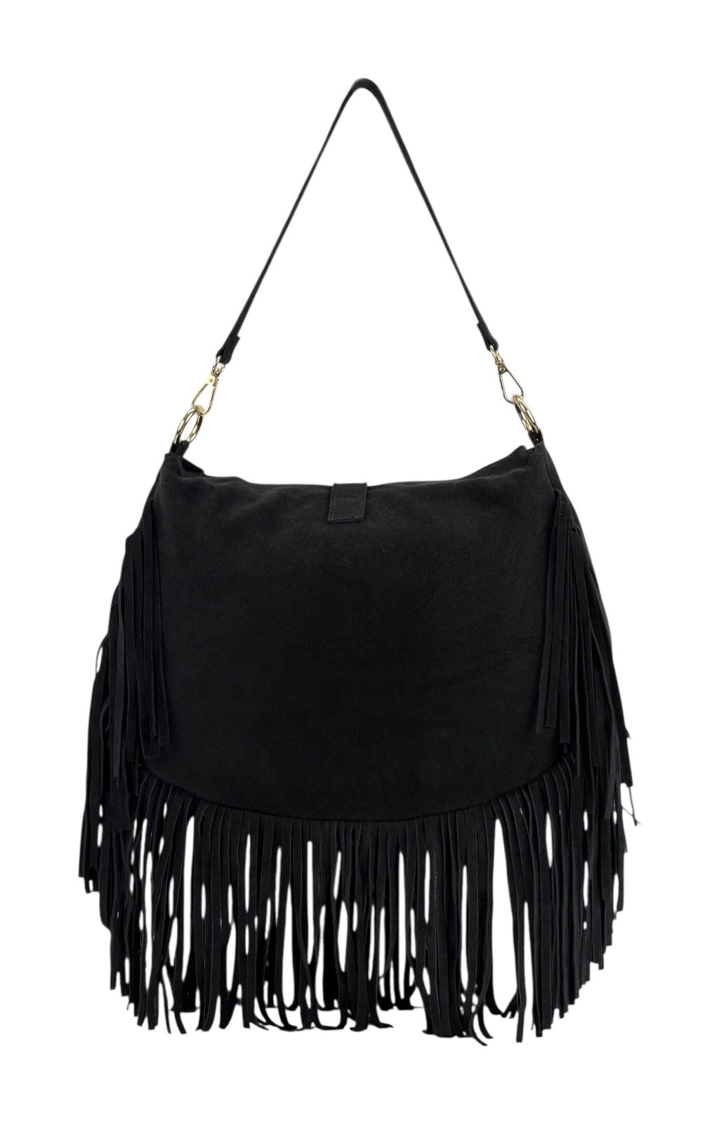 HE887 Black Fringe Suede Shoulder Bag
