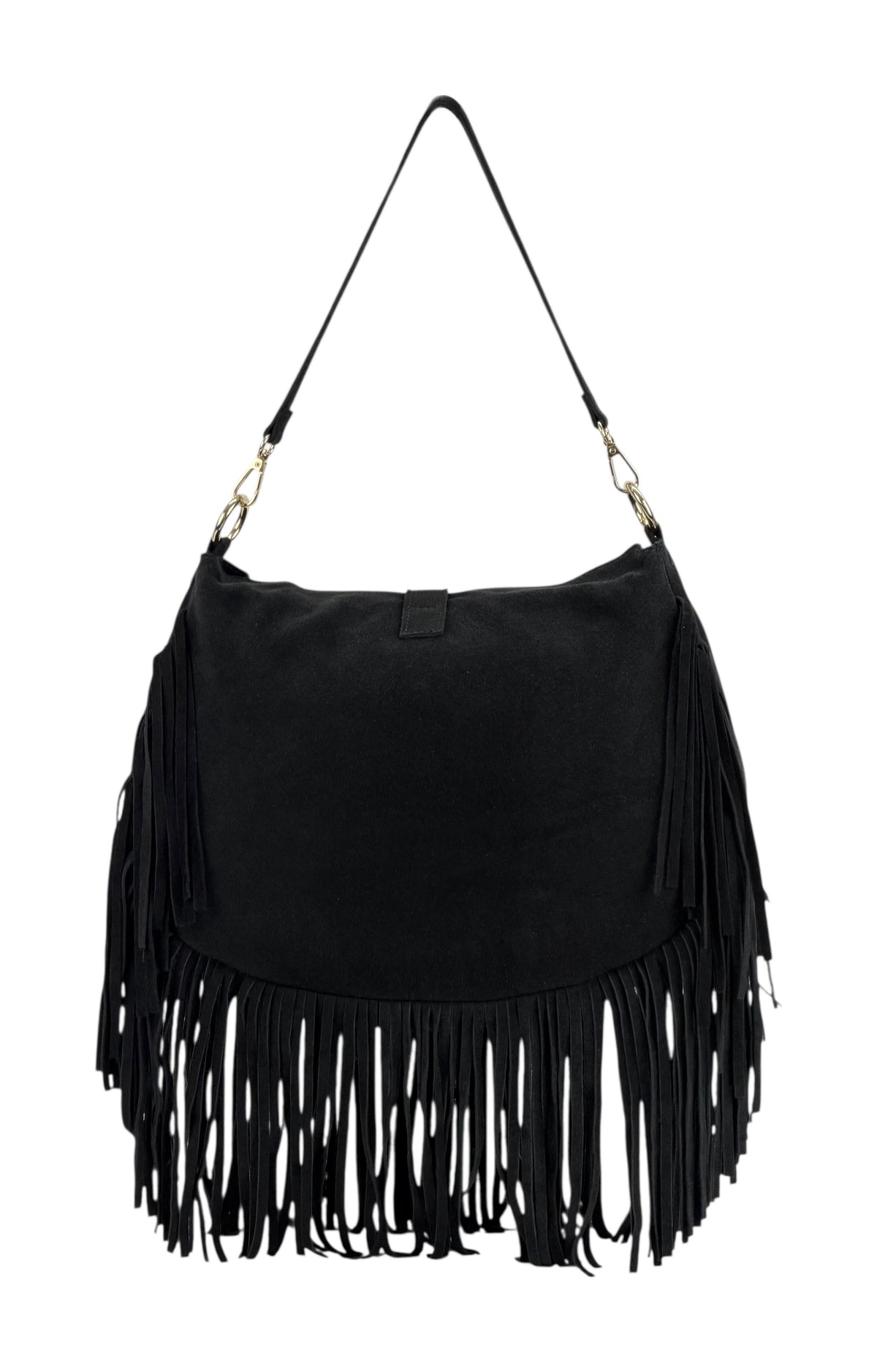 HE887 Black Fringe Suede Shoulder Bag